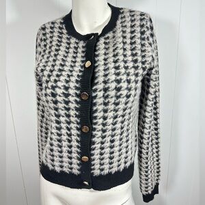 TAHARI Women Long Sleeve Metal Button Cardigan SZ S Beige Black Houndstooth